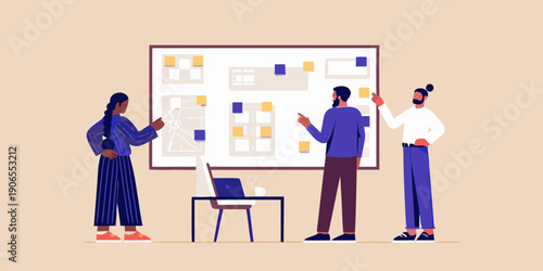 Team collaborating on a project with sticky notes on a whiteboard