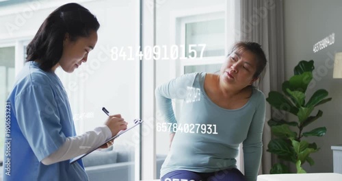 Patient pressing back and grimacing triggers caregiver checking pain with medical clipboard overlay