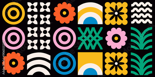 Colorful geometric and floral patterns arranged in a grid formation