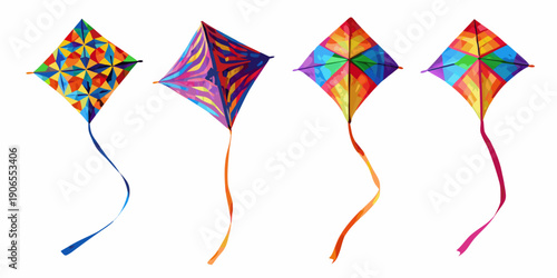 A colorful collection of diamond shaped kites against a white background