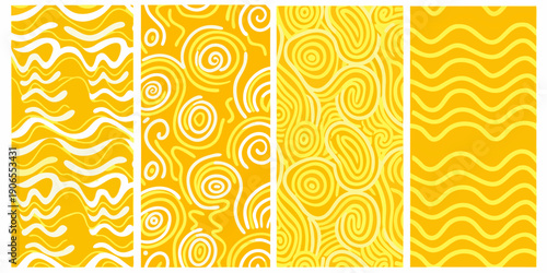 Abstract yellow patterns swirling lines and wave like designs displayed vertically