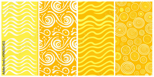Four panels showcasing diverse yellow patterns and repeating designs