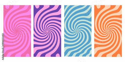 Four vibrant swirling striped rectangles in pink purple blue and orange