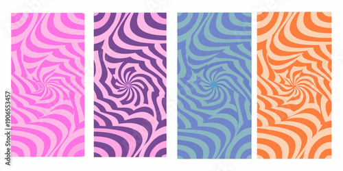 Four vibrant swirling ribbon like patterns in pink purple blue and orange