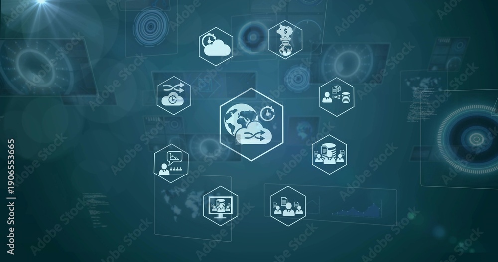 Fototapeta premium Displaying central hexagon cluster syncing globe, cloud, servers, database, users on digital HUD