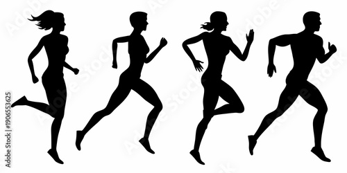 Silhouettes of four people running depicting motion and athleticism