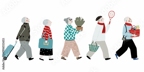A line of stylized seniors walking with various items and accessories
