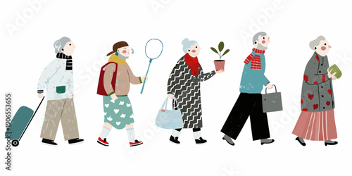 A colorful illustration depicts a group of stylish senior citizens walking