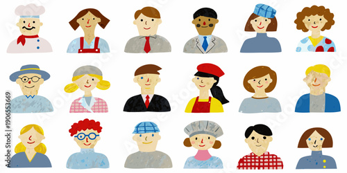 Diverse group of illustrated people with various hairstyles and clothing styles