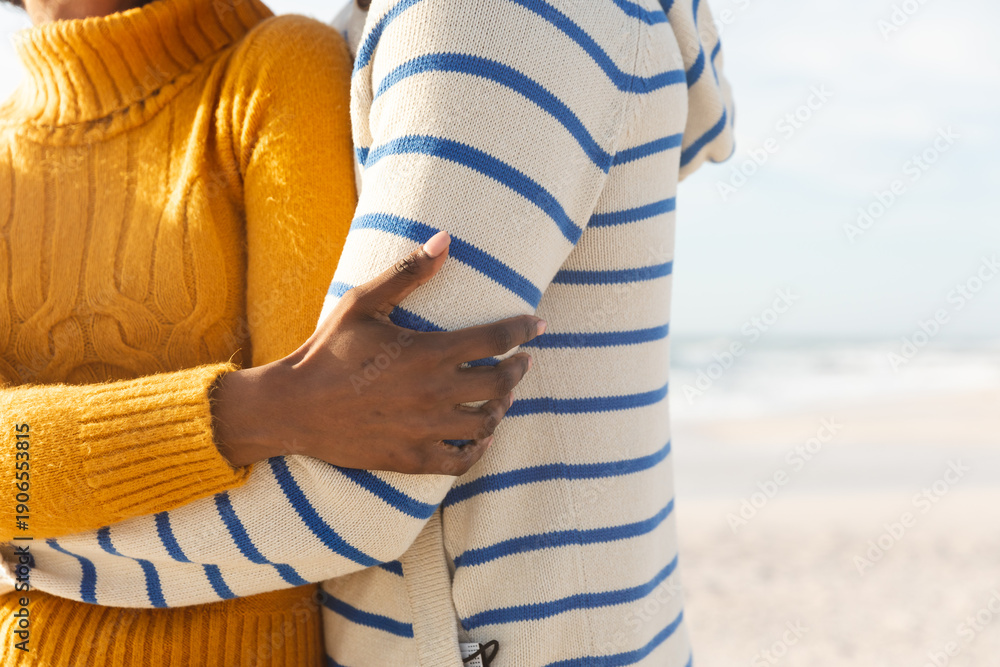 Fototapeta premium Midsection of multiracial couple embracing each other at beach on sunny day