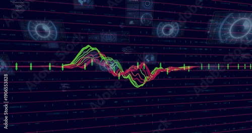 Displaying green and pink waveform traces pulsing on data display, with green candles, magenta grid
