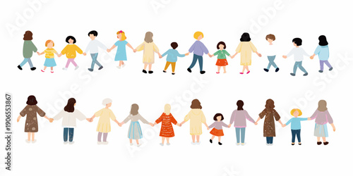 Diverse group of people holding hands in two horizontal rows