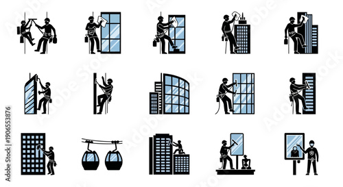 A modern black silhouette icon set featuring twelve unique high-rise window cleaner activities such as rope access cleaning, suspended platform work, skyscraper glass wiping, safety harness operations