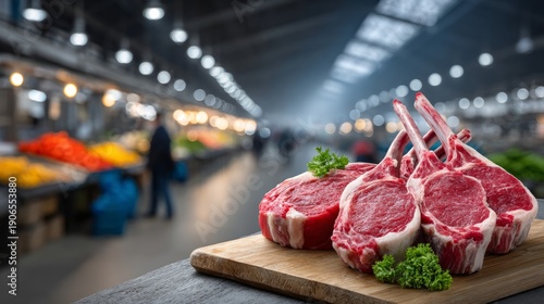 Wallpaper Mural Lamb chops are displayed on a wooden board in a busy market filled with fresh produce and shoppers Torontodigital.ca