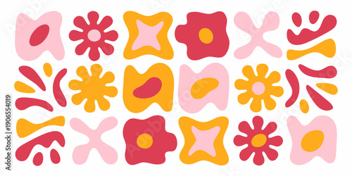 Abstract floral and geometric shapes in pastel and red hues