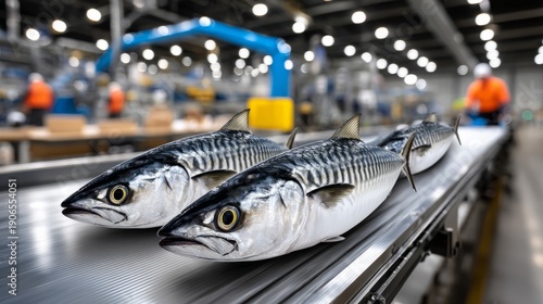 Workers in a seafood factory are preparing fish on a conveyor belt for packaging and distribution