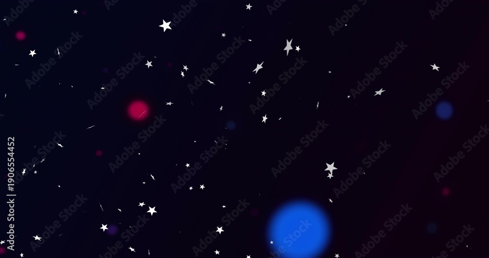 Fototapeta premium Twinkling white stars and colored bokeh drifting in navy backdrop with streaks and spark flecks
