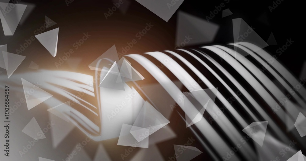 Fototapeta premium Curving ribbed structure bending across studio render, with triangular shards and orange rim light