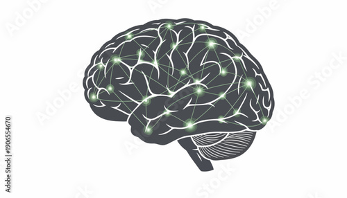 Illustration of a human brain with neural connections and activity, showcasing cognitive function and thought process in a detailed vector artwork