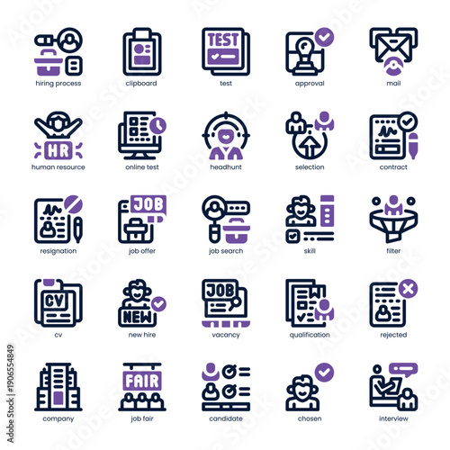 Hiring Process Icon pack for your website, mobile, presentation, and logo design. Hiring Process Icon dual tone design. Vector graphics illustration and editable stroke.
