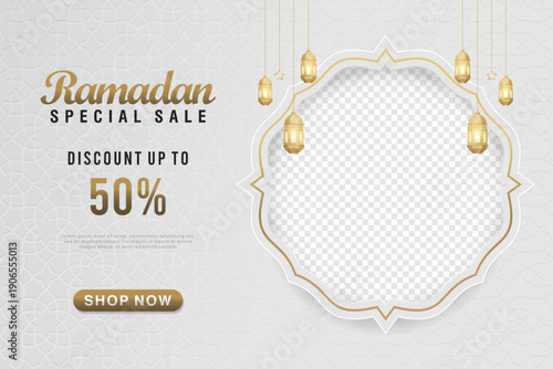 Elegant Ramadan Special Sale banner with a circular photo placeholder, gold lanterns, and up to 50% discount on a white patterned background.