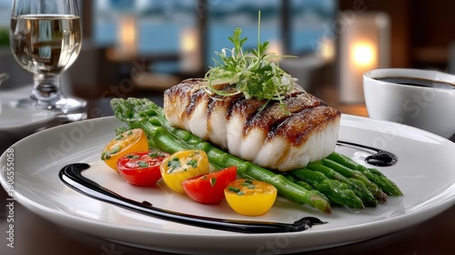 Wallpaper Mural Grilled fish served on asparagus with cherry tomatoes at a dining table Torontodigital.ca