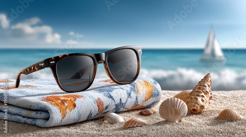 Wallpaper Mural Summer beach scene with sunglasses, towel, and seashells on sand near ocean Torontodigital.ca