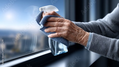 Wallpaper Mural Elderly person cleaning a window with a spray bottle and cloth inside a modern building Torontodigital.ca