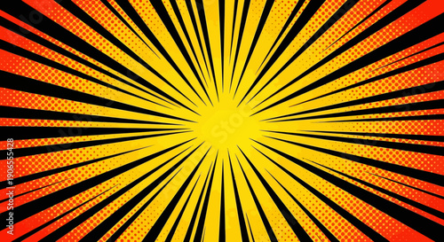 Vibrant comic book style sunburst graphic with yellow, orange, and red rays on a black background