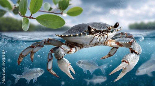 Wallpaper Mural Crab swims in clear water surrounded by small fish near mangrove roots Torontodigital.ca