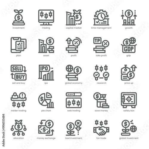 Investment And Trading Icon pack for your website, mobile, presentation, and logo design. Investment And Trading Icon outline design. Vector graphics illustration and editable stroke.