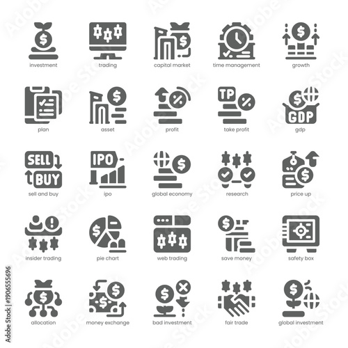 Investment And Trading Icon pack for your website, mobile, presentation, and logo design. Investment And Trading Icon solid design. Vector graphics illustration and editable stroke.