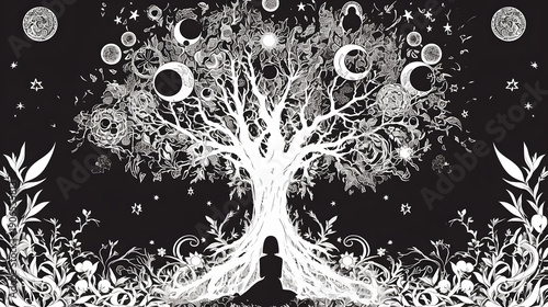 magical tree glowing black and white sketch