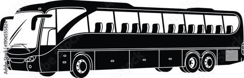 Black and white silhouette of sleek modern passenger coach bus with three axles, large windows, luggage compartments, aerodynamic vector illustration