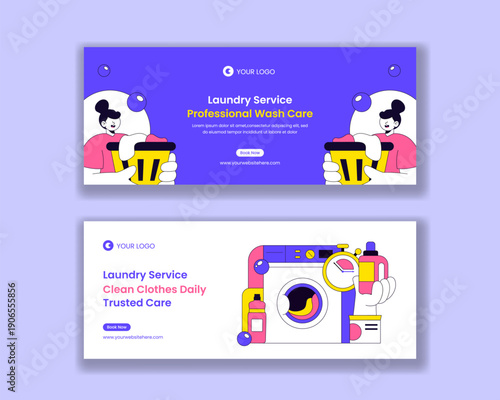 Horizontal Banner Illustration for Laundry Service with Flat Cartoon Hand Drawn Design