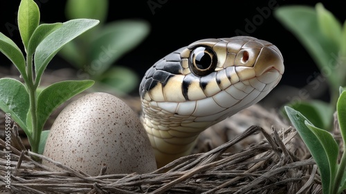 Wallpaper Mural Snake guarding its egg in a nest surrounded by green leaves Torontodigital.ca