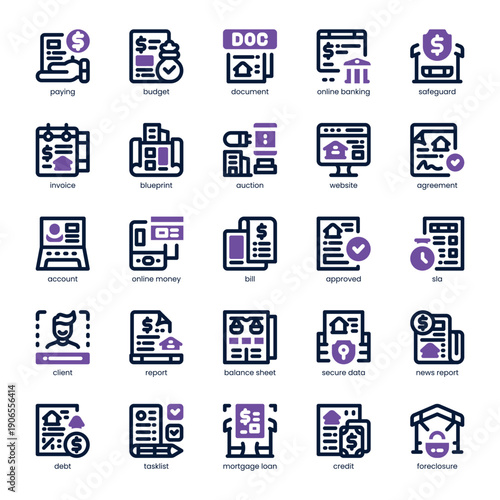 Mortgage Service Icon pack for your website, mobile, presentation, and logo design. Mortgage Service Icon dual tone design. Vector graphics illustration and editable stroke.