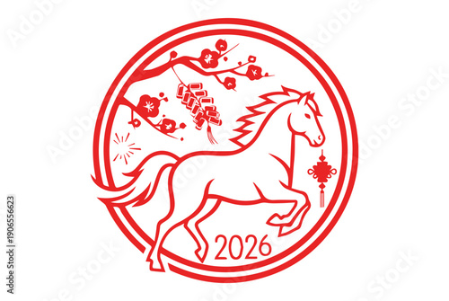 Chinese New Year Horse in Round Frame Red Papercut 2026