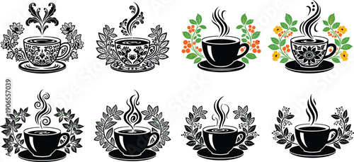 Decorative coffee cup illustration set with floral and botanical ornaments, steaming hot beverage designs for cafe branding, menu artwork, packaging, vintage labels, and creative drink concepts
