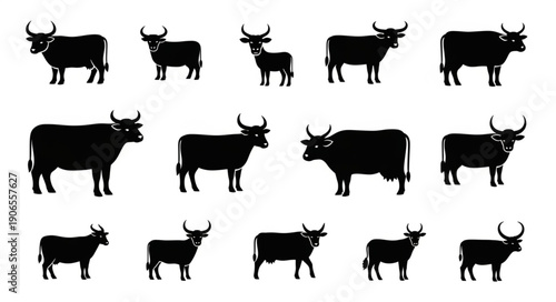 Collection of Silhouettes of Various Cattle Breeds.