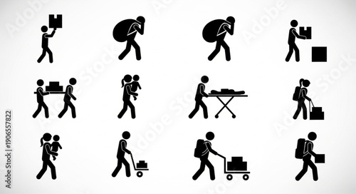 Collection of Silhouettes Representing People Carrying and Moving Objects.