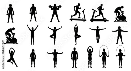 Collection of Silhouettes Representing Various Fitness Activities and Poses.