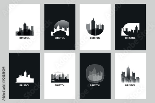 Bristol skyline vector logos, icon set. Pack of cityscape contour, abstract silhouettes series. Isolated graphic collection for England UK city