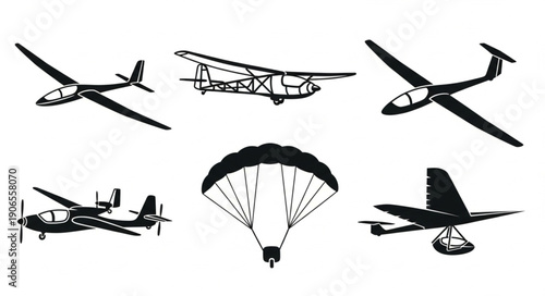Collection of Silhouettes of Aircraft and Parachute.