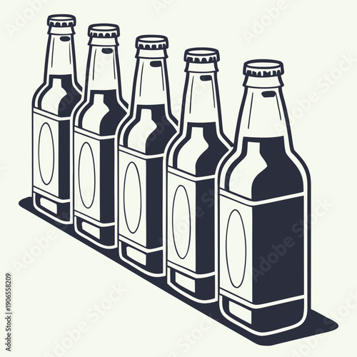 Four Beverage Bottles in Carrier Vector Illustration – Craft Beer, Soda Pack, Vintage Packaging Design
