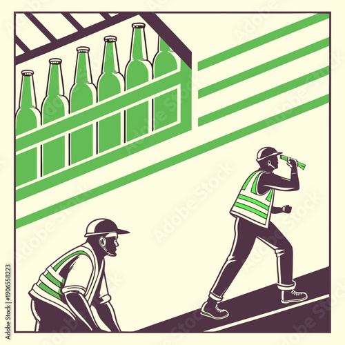 Brewery Workers with Beer Bottles Vector Illustration – Industrial, Craft Beer, Production Design
