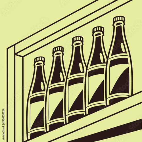 Five Beverage Bottles on Shelf Vector Illustration – Soft Drink, Beer, Retro Packaging Design
