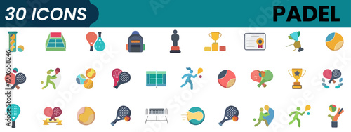 Collection of colorful icons representing various sports and games, including padel, displayed on a clean background from a straightforward viewpoint