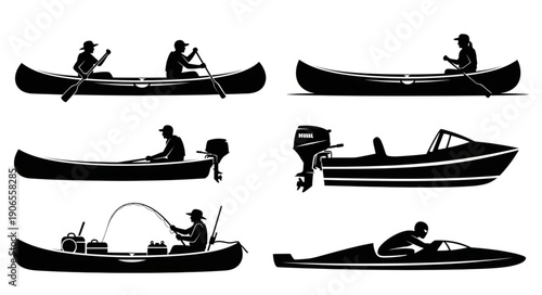 Collection of Silhouettes of People in Various Boats.