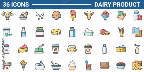 Collection of dairy product icons featuring various items on a clean background